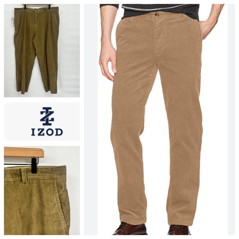 IZOD Men's Brown Corduroy Flat Front‎ Chino Pants Size 42x30 Saltwater Wash